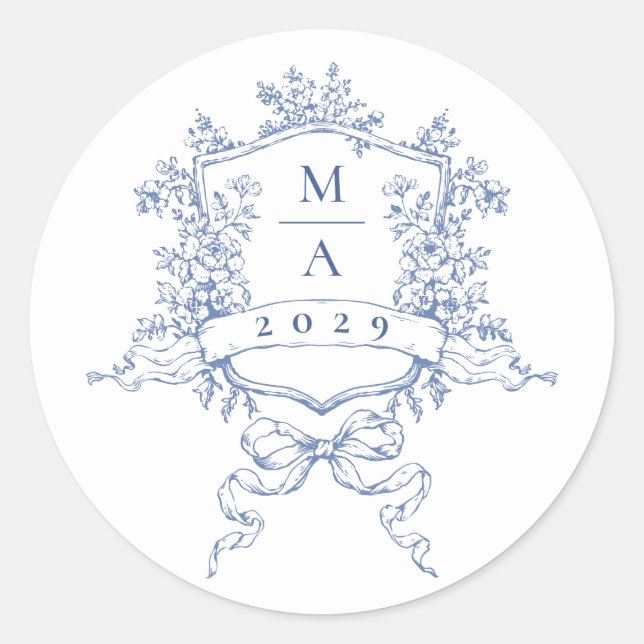 Elegant Blue French Garden Flowers Wedding Classic Round Sticker (Front)