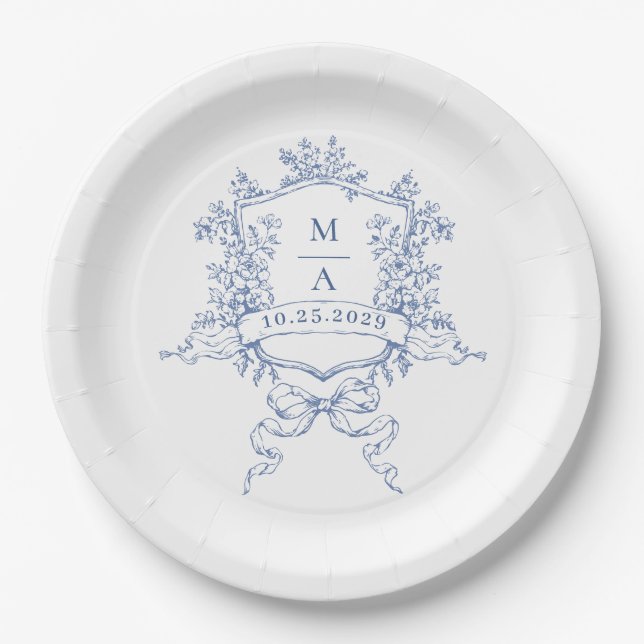 Elegant Blue French Garden Flowers Wedding Paper Plate (Front)