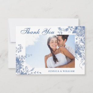 Elegant Blue French Garden Flowers Wedding Photo Thank You Card