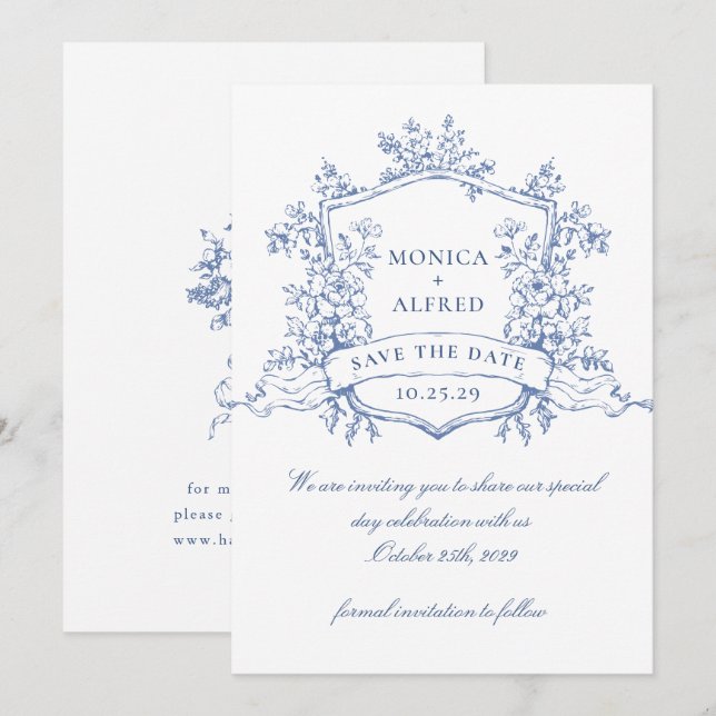 Elegant Blue French Garden Flowers Wedding Save The Date (Front/Back)