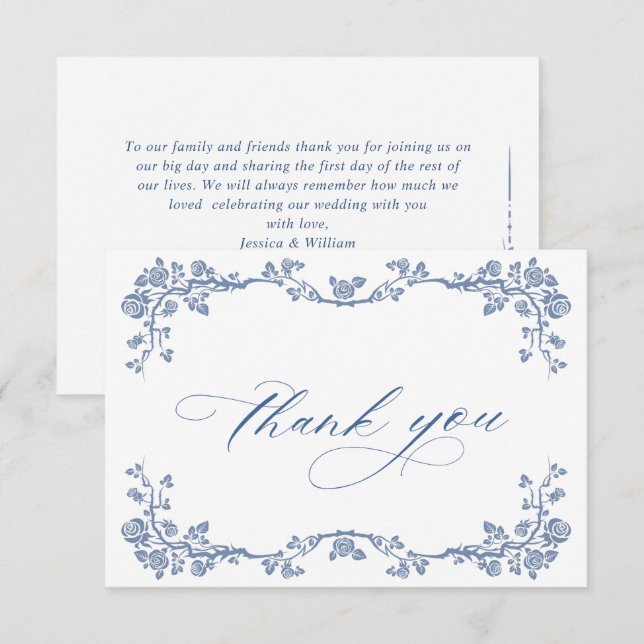 Elegant Blue French Garden Flowers Wedding Thank You Card (Front/Back)