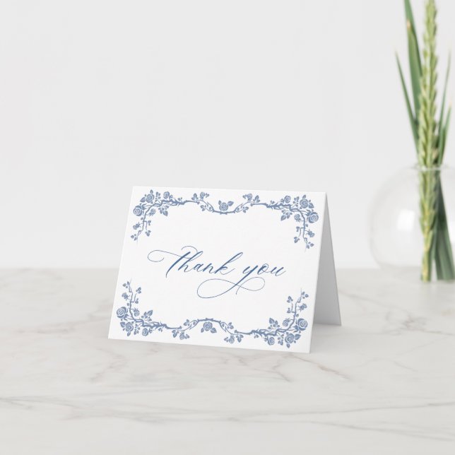 Elegant Blue French Garden Flowers Wedding Thank You Card (Front)