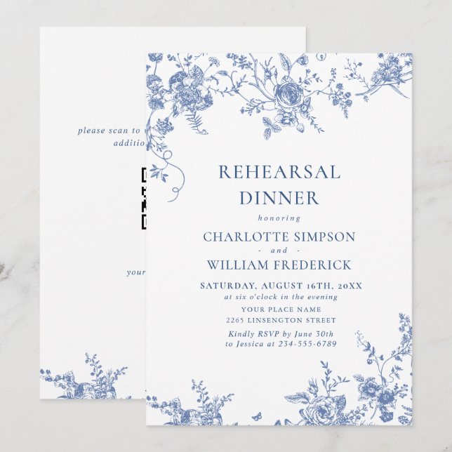 Elegant Blue French Garden Rehearsal Dinner QR Invitation (Front/Back)