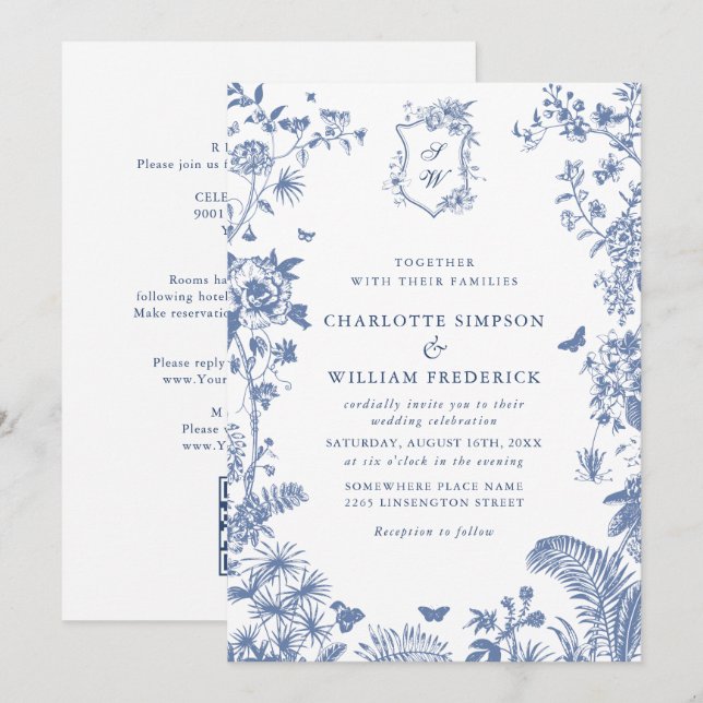 Elegant Blue French Garden Wedding All in One Invitation (Front/Back)