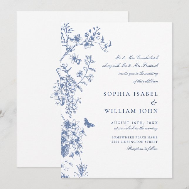 Elegant Blue French Garden Wedding Invitation (Front/Back)