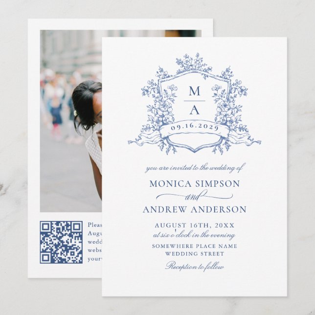 Elegant Blue French Garden Wedding Photo QR code Invitation (Front/Back)