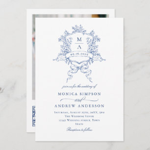 Elegant Blue French Garden Wedding Photo QR code Invitation