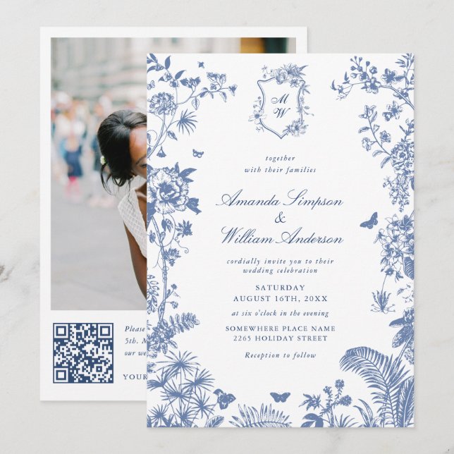 Elegant Blue French Garden Wedding Photo QR code Invitation (Front/Back)