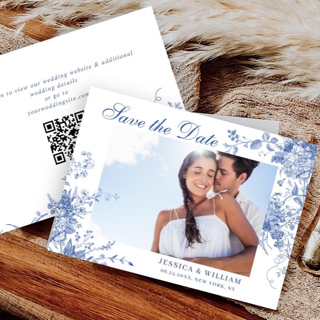 Elegant Blue French Garden Wedding Photo QR code Save The Date (Creator Uploaded)