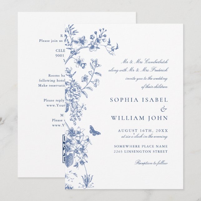 Elegant Blue French Garden Wedding QR code Invitation (Front/Back)