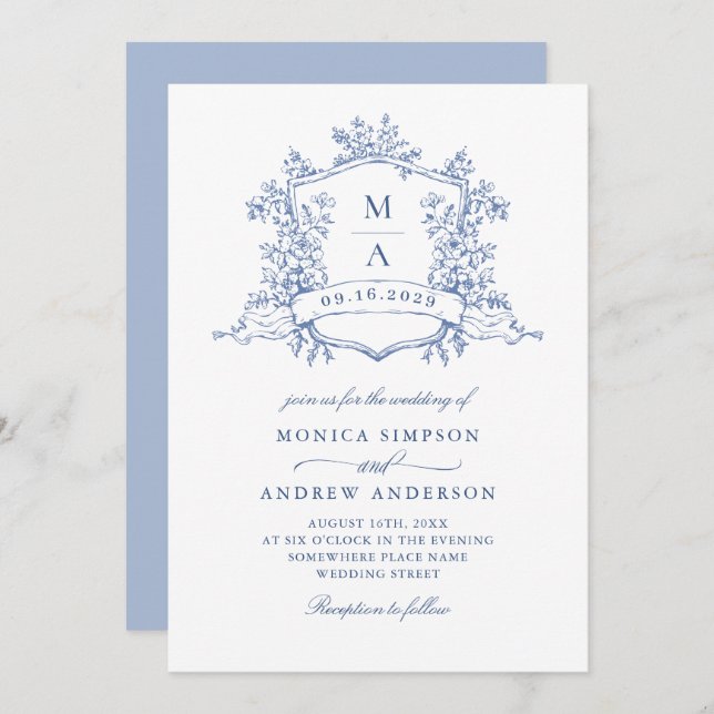 Elegant Blue French Garden Wedding QR code Invitation (Front/Back)