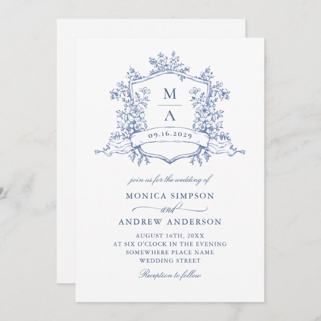Elegant Blue French Garden Wedding QR code Invitation (Front/Back)