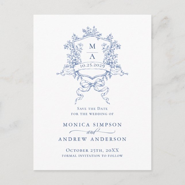 Elegant Blue French Garden Wedding Save the Date Postcard (Front)