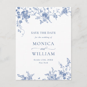 Elegant Blue French Garden Wedding Save the Date Postcard