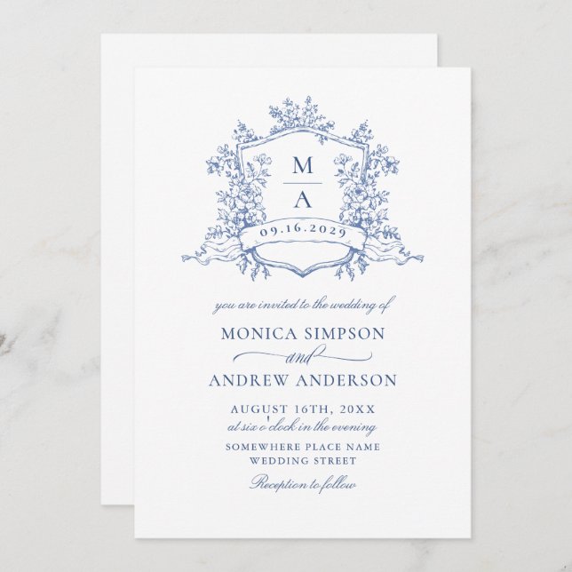 Elegant Blue French Roses Garden Floral Wedding Invitation (Front/Back)