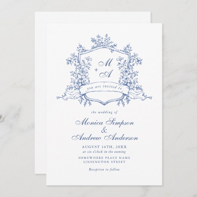 Elegant Blue French Roses Garden Floral Wedding Invitation (Front/Back)