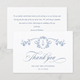Elegant Blue French Roses Garden Floral Wedding Thank You Card