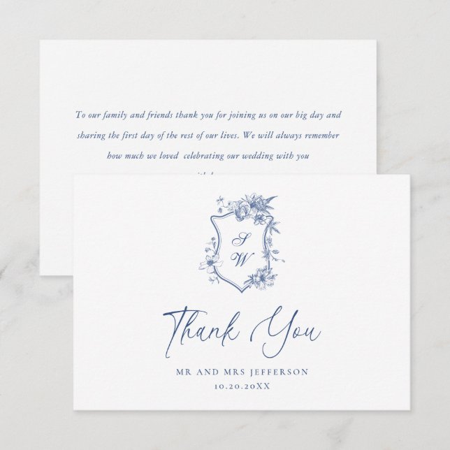 Elegant Blue French Roses Garden Floral Wedding Thank You Card (Front/Back)