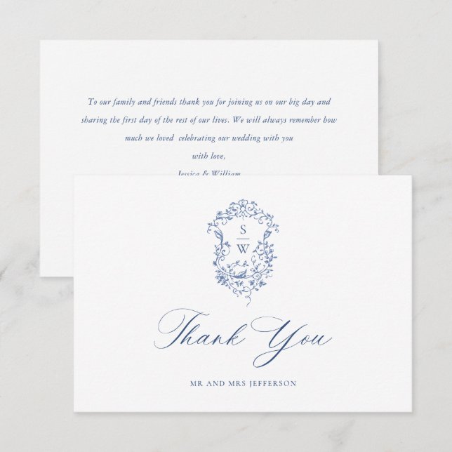 Elegant Blue French Roses Garden Floral Wedding Thank You Card (Front/Back)