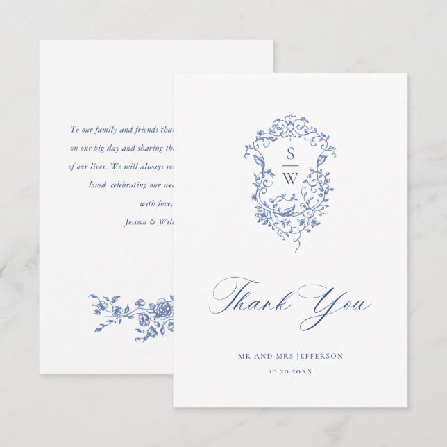 Elegant Blue French Roses Garden Floral Wedding Thank You Card (Front/Back)