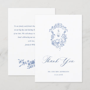Elegant Blue French Roses Garden Floral Wedding Thank You Card