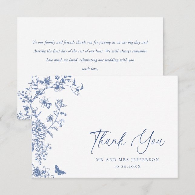 Elegant Blue French Roses Garden Floral Wedding Thank You Card (Front/Back)