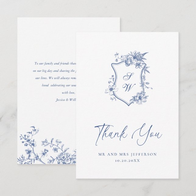 Elegant Blue French Roses Garden Floral Wedding Thank You Card (Front/Back)