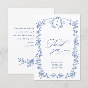 Elegant Blue French Roses Garden Floral Wedding Thank You Card