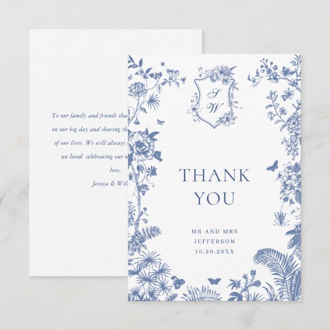 Elegant Blue French Roses Garden Floral Wedding Thank You Card (Front/Back)