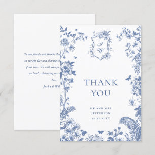 Elegant Blue French Roses Garden Floral Wedding Thank You Card