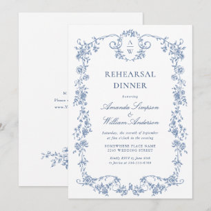Elegant Blue French Roses Garden Rehearsal Dinner Invitation