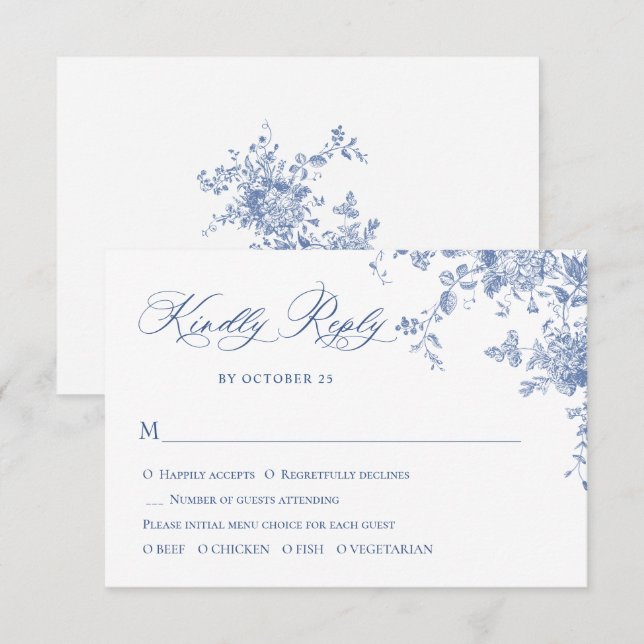 Elegant Blue French Roses Garden Toile Wedding RSVP Card (Front/Back)