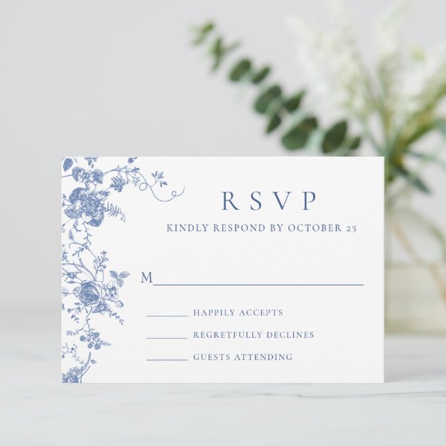 Elegant Blue French Roses Garden Toile Wedding RSVP Card (Standing Front)