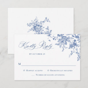 Elegant Blue French Roses Garden Toile Wedding RSVP Card