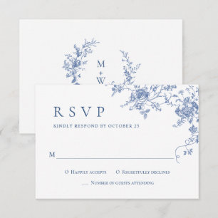 Elegant Blue French Roses Garden Toile Wedding RSVP Card