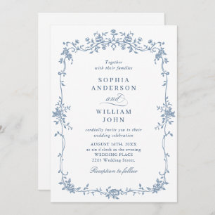 Elegant Blue French Roses Garden Wedding QR code Invitation