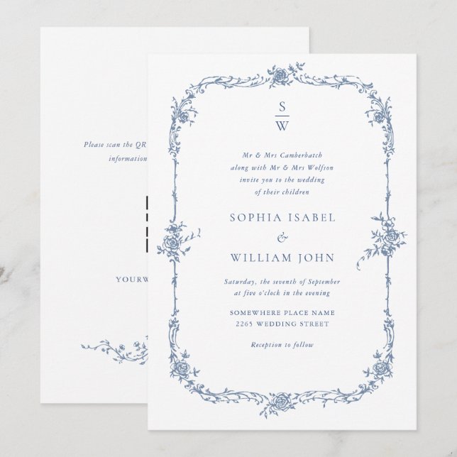 Elegant Blue French Roses Garden Wedding QR code Invitation (Front/Back)