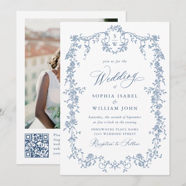 Elegant Blue French Roses Garden Wedding QR code Invitation (Front/Back)