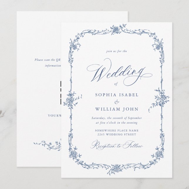 Elegant Blue French Roses Garden Wedding QR code Invitation (Front/Back)