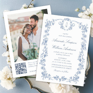 Elegant Blue French Roses Garden Wedding QR code Invitation