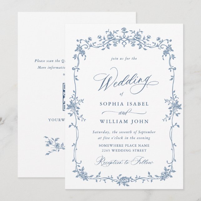 Elegant Blue French Roses Garden Wedding QR code Invitation (Front/Back)