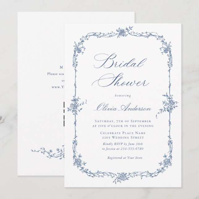 Elegant Blue French Roses Toile Bridal Shower Invitation (Front/Back)