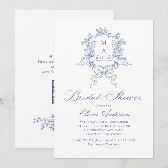 Elegant Blue French Roses Toile Bridal Shower Invitation (Front/Back)