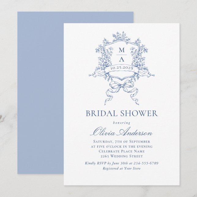 Elegant Blue French Roses Toile Bridal Shower Invitation (Front/Back)
