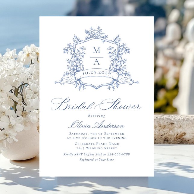 Elegant Blue French Roses Toile Bridal Shower Invitation (Creator Uploaded)
