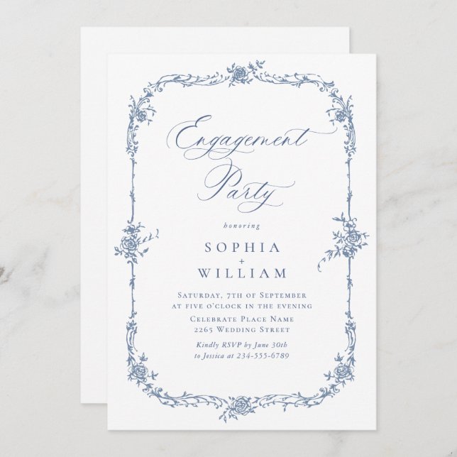 Elegant Blue French Roses Toile ENGAGEMENT PARTY Invitation (Front/Back)