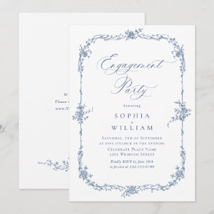 Elegant Blue French Roses Toile ENGAGEMENT PARTY Invitation