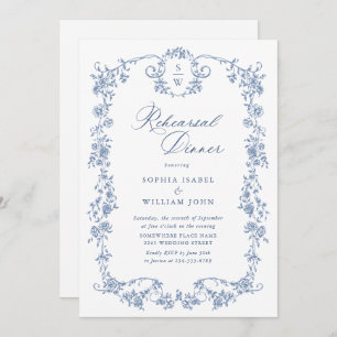 Elegant Blue French Roses Toile Rehearsal Dinner Invitation