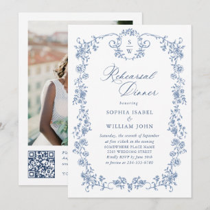 Elegant Blue French Roses Toile Rehearsal Dinner Invitation
