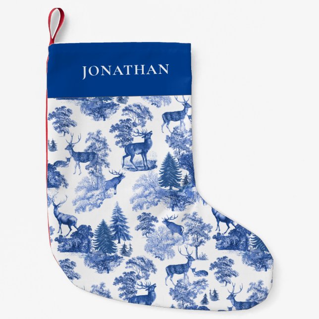 Elegant Blue French Toile Deer in Woodland Small Christmas Stocking (Front)